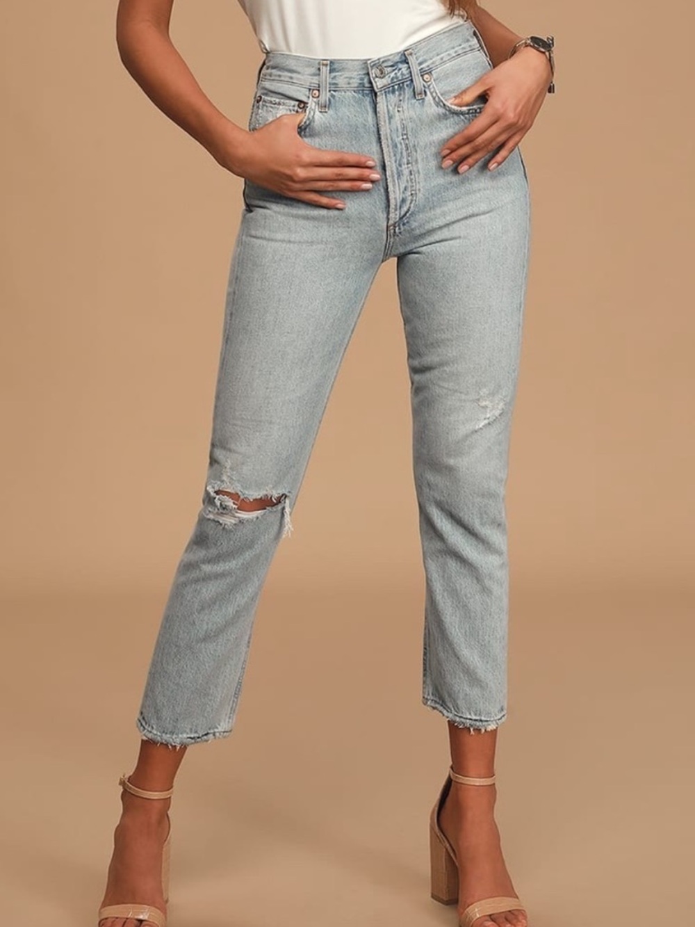 AGOLDE Riley Long High Rise‎ Straight Distressed Jeans in Light Wash